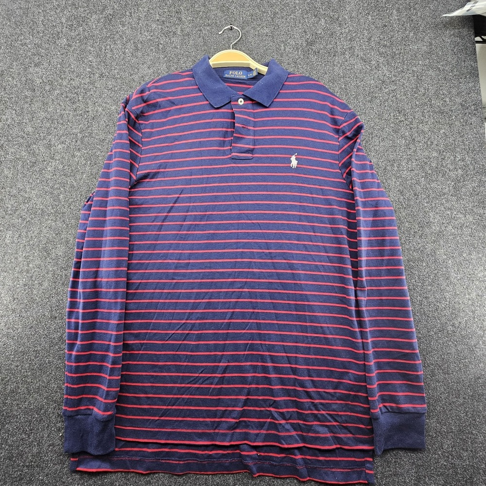 Polo Ralph Lauren Blue Red Striped Long Sleeve Polo Shirt Men's Lg